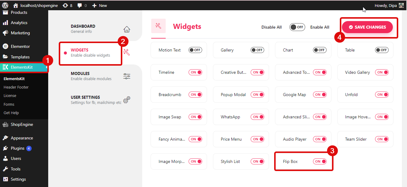 enable flip box widget of elementskit