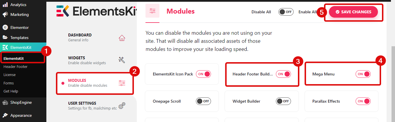 enable mega menu and header footer builder