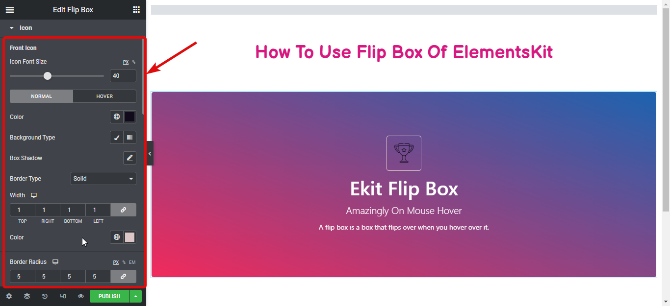 ikonstil flipbox-inställningar- Hur man skapar flipbox-överlägg och svävar i WordPress 