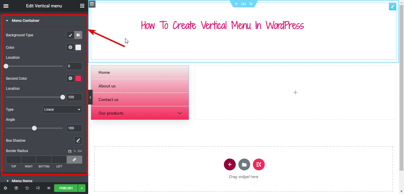 menu container style settings WordPress Vertical menu
