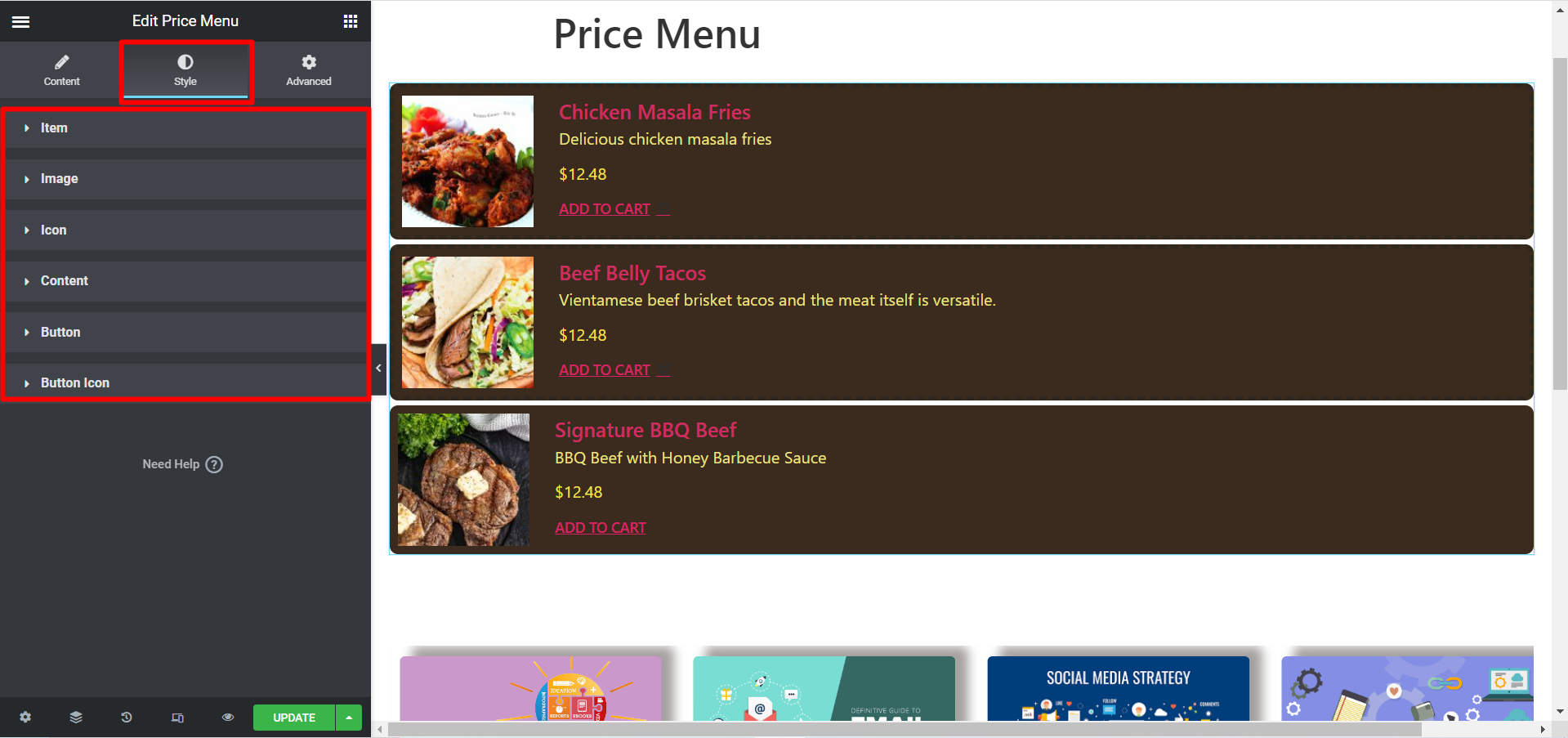 ElementsKit price menu widget has many necessary styling options. 