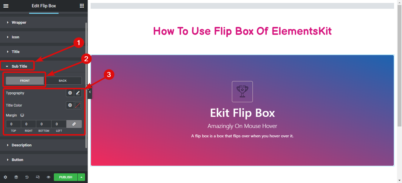Impostazioni della casella flip box stile titolo secondario: come creare sovrapposizioni e passaggi Flipbox Flipbox in WordPress