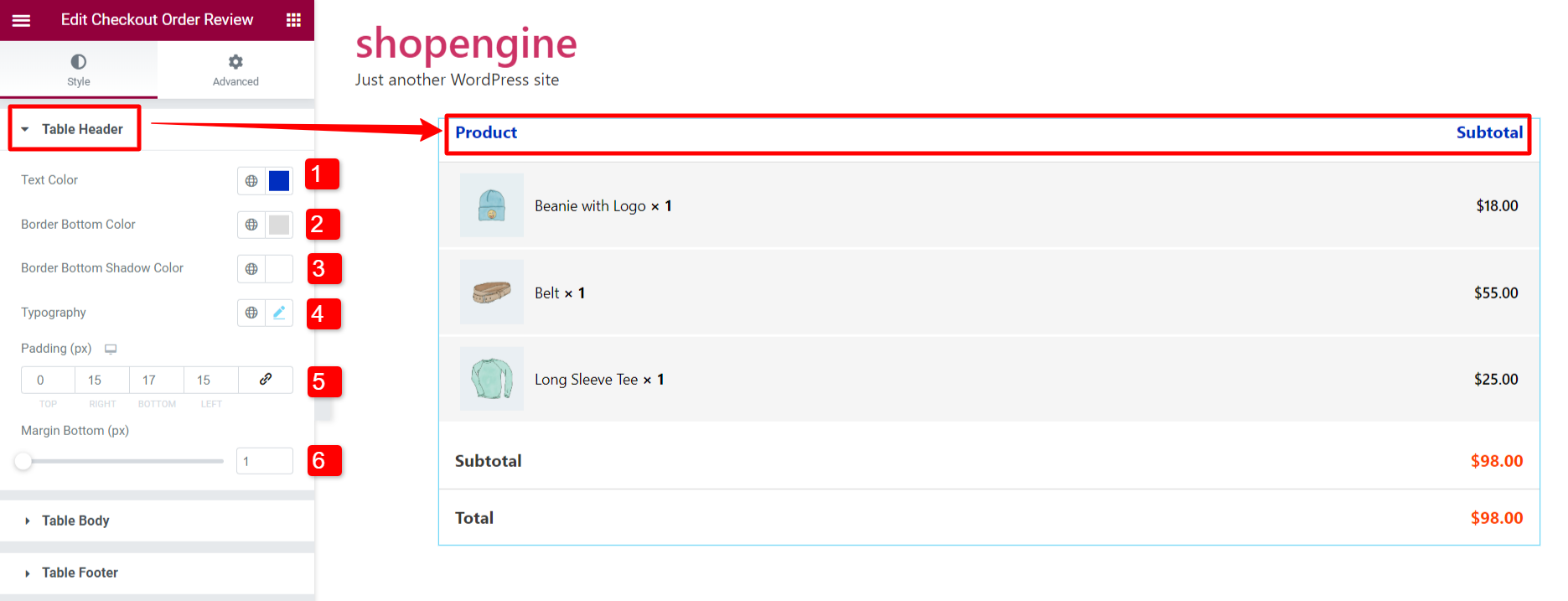 Table header customization of shopengine order review widget