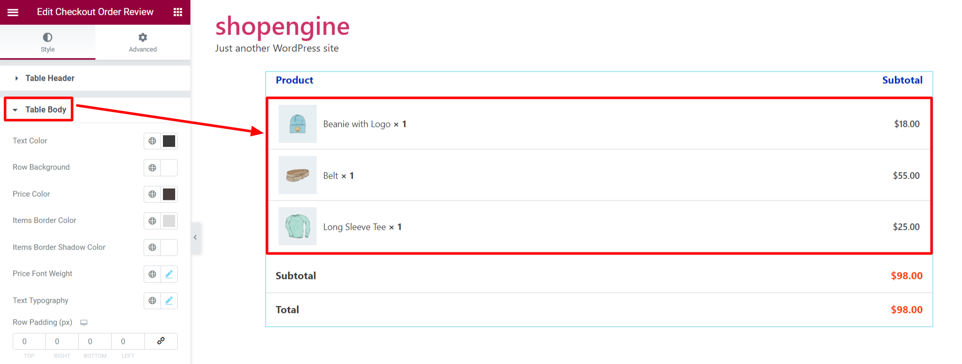 Cuerpo de la tabla del widget de revisión de pedidos de shopengine