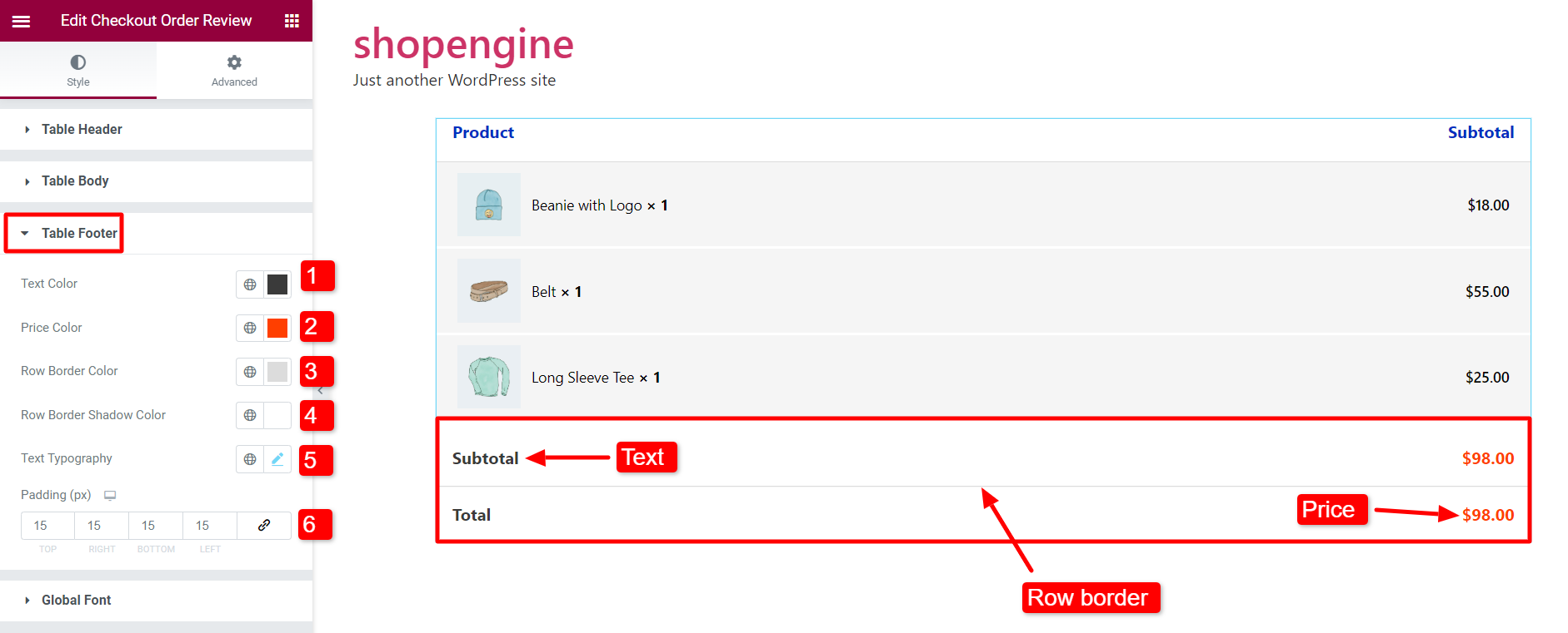Table footer customization of shopengine order review widget