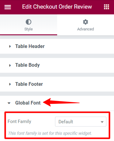 Choose global font of shopengine order review widget