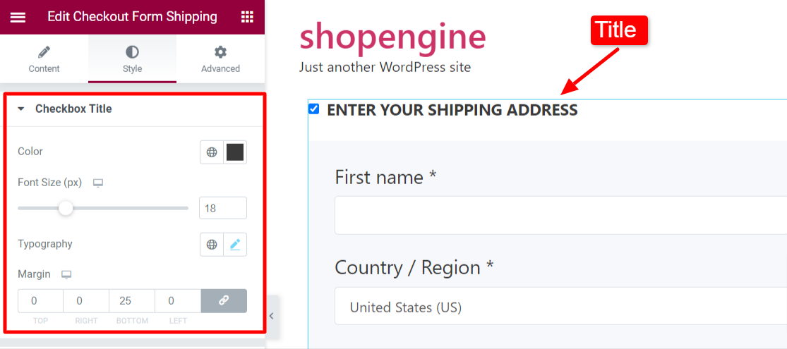 Checkout form- shipping is on display with the checkbox title section