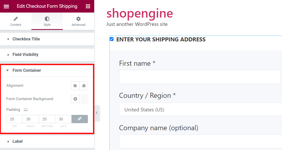 Form Container settings for Checkout shipping form