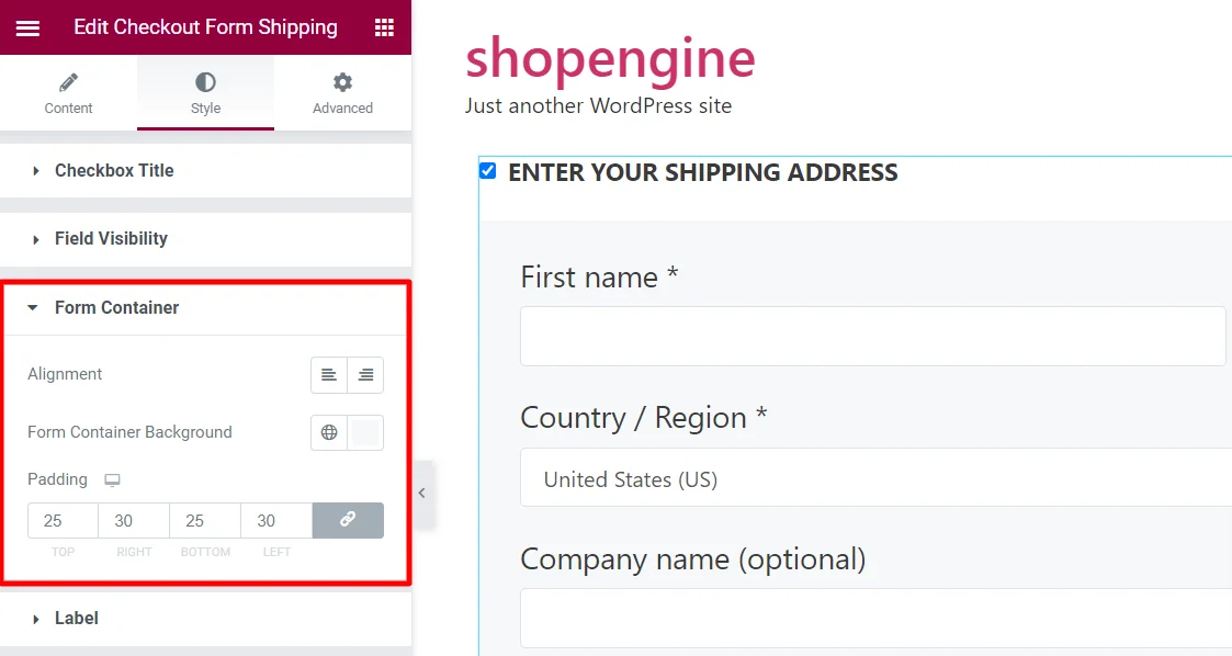 Paramètres du conteneur de formulaires pour le formulaire d'expédition Checkout