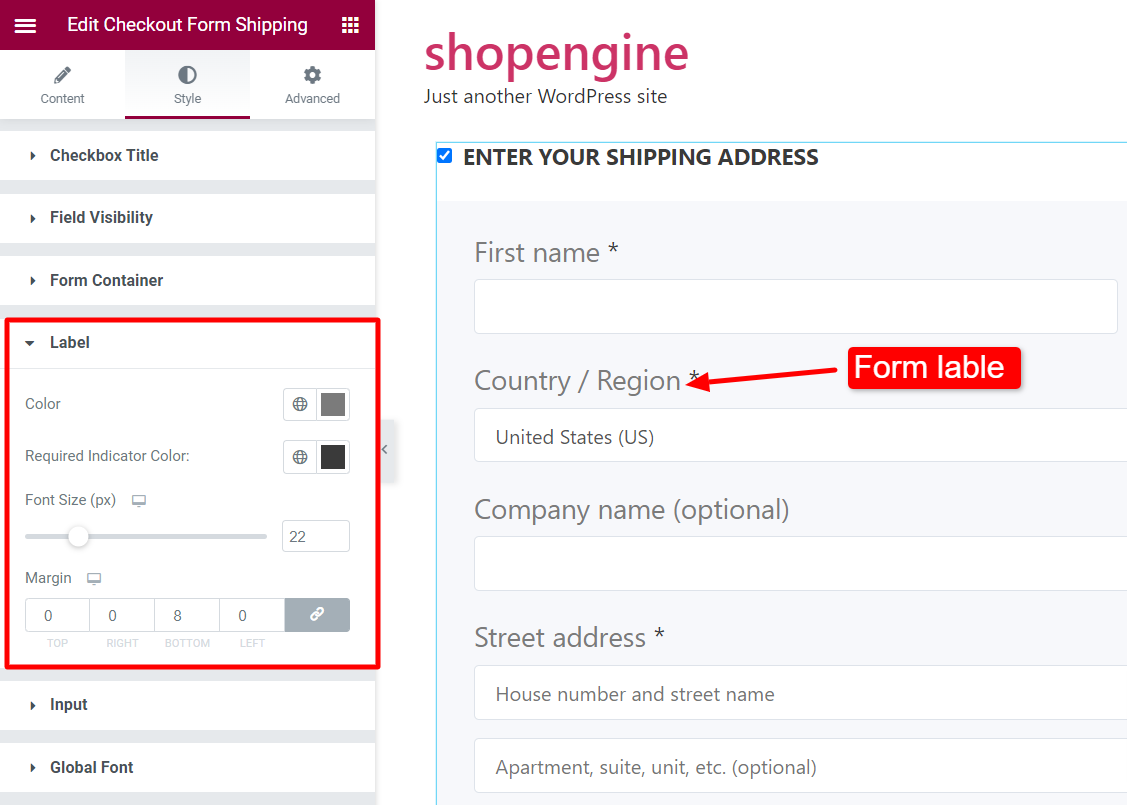 Form Label settings for Checkout shipping form