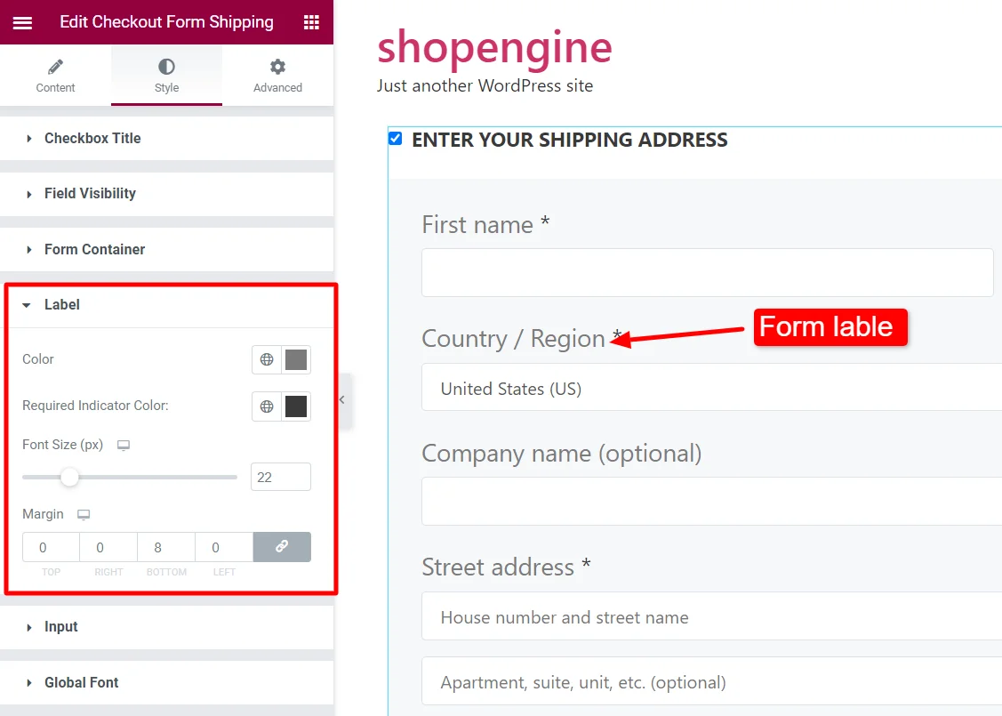 Paramètres d’étiquette de formulaire pour le formulaire d’expédition Checkout