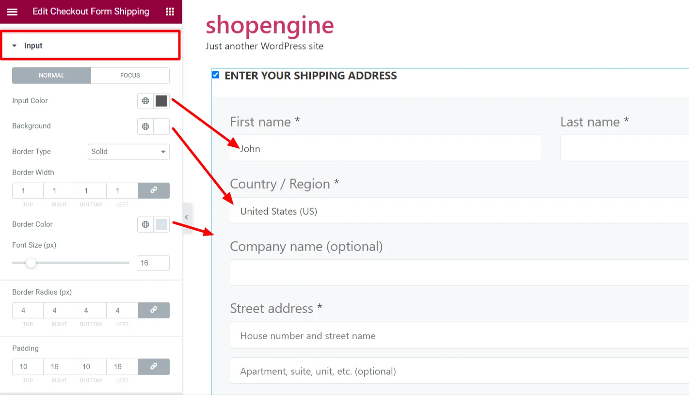 Personnalisation du champ de saisie pour le formulaire d'expédition Checkout