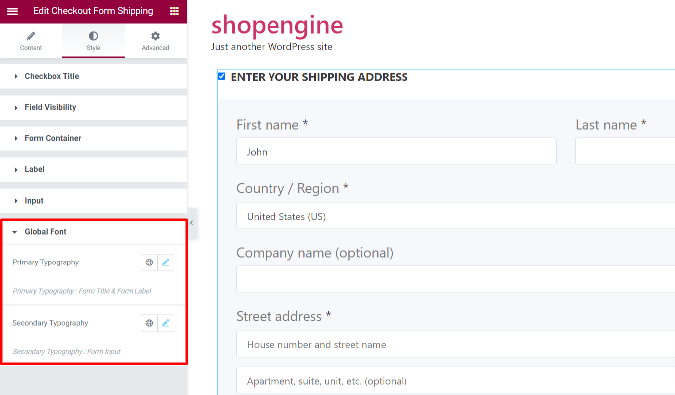 Configuración de fuente global para el formulario de envío de pago