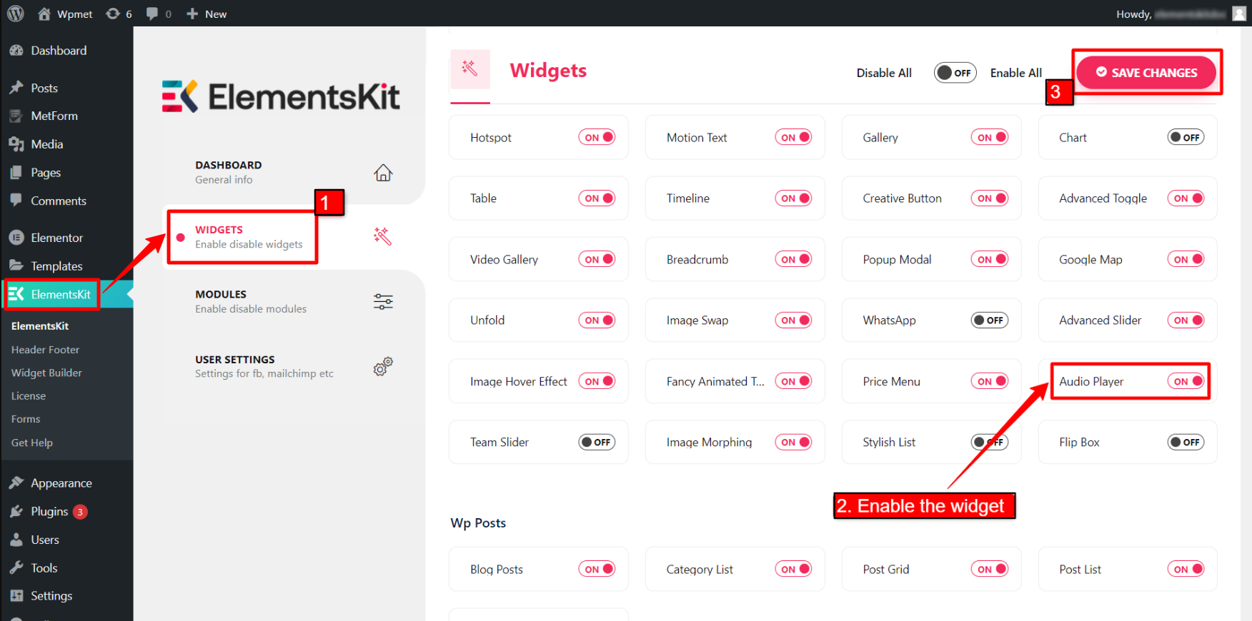 Activer le widget Lecteur audio ElementsKit