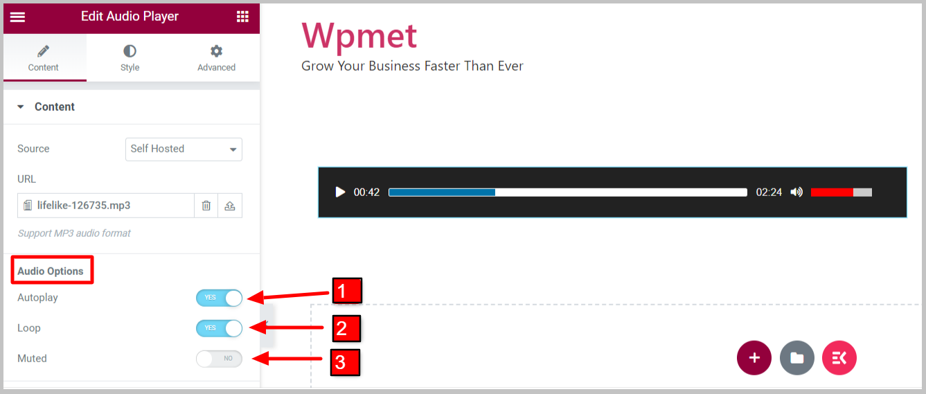 Establecer opciones de audio para el widget del reproductor de audio ElementsKit