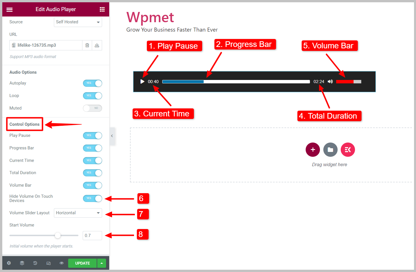 Opciones de control de Elementor Audio Player