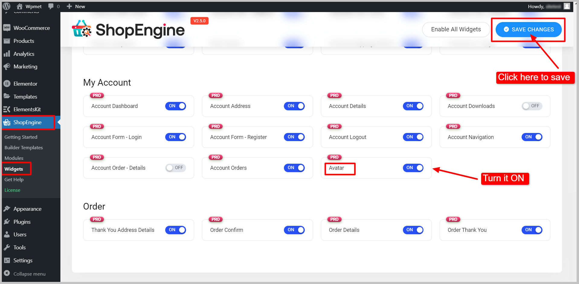An image showing how to enable shopengine avatar widget