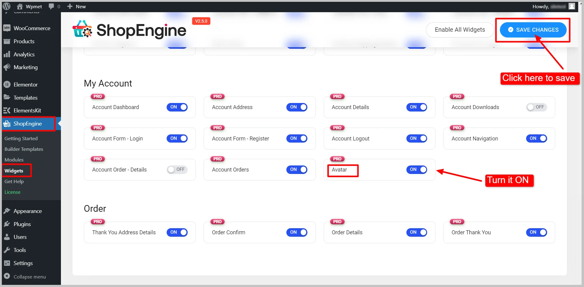 Une image montrant comment activer le widget avatar shopengine