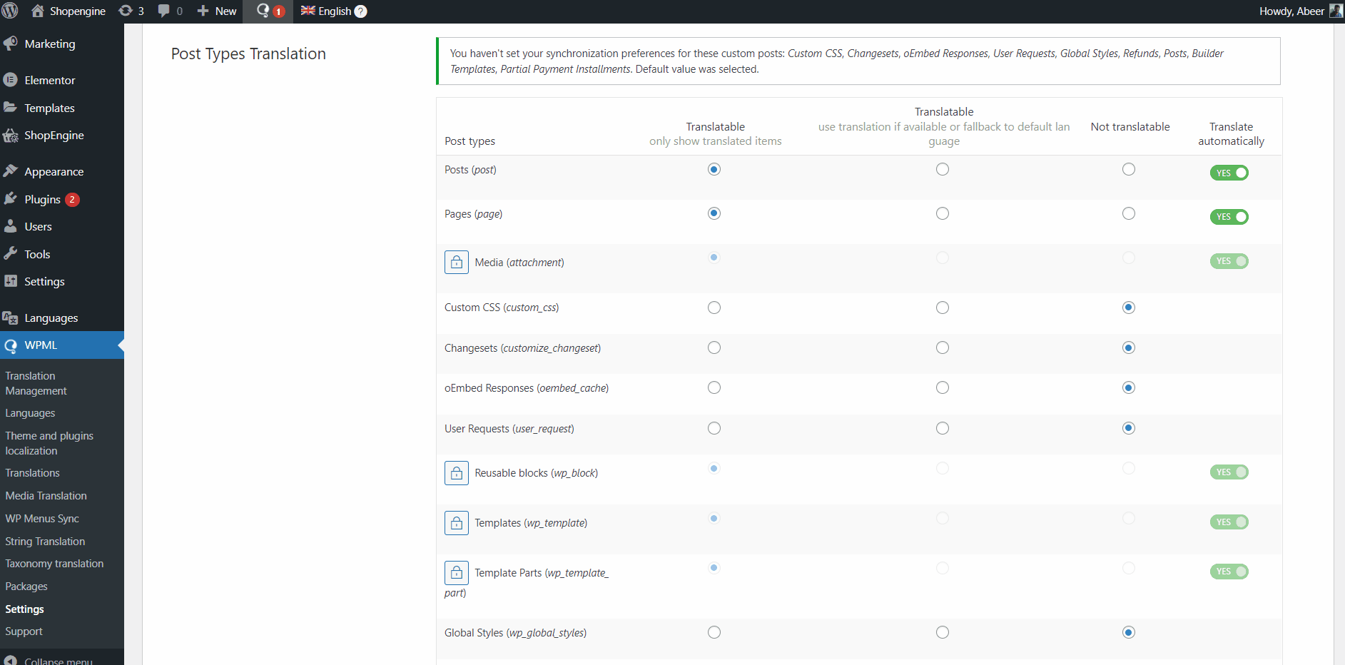 WPML CPT-varning för ShopEngine-kompatibilitet