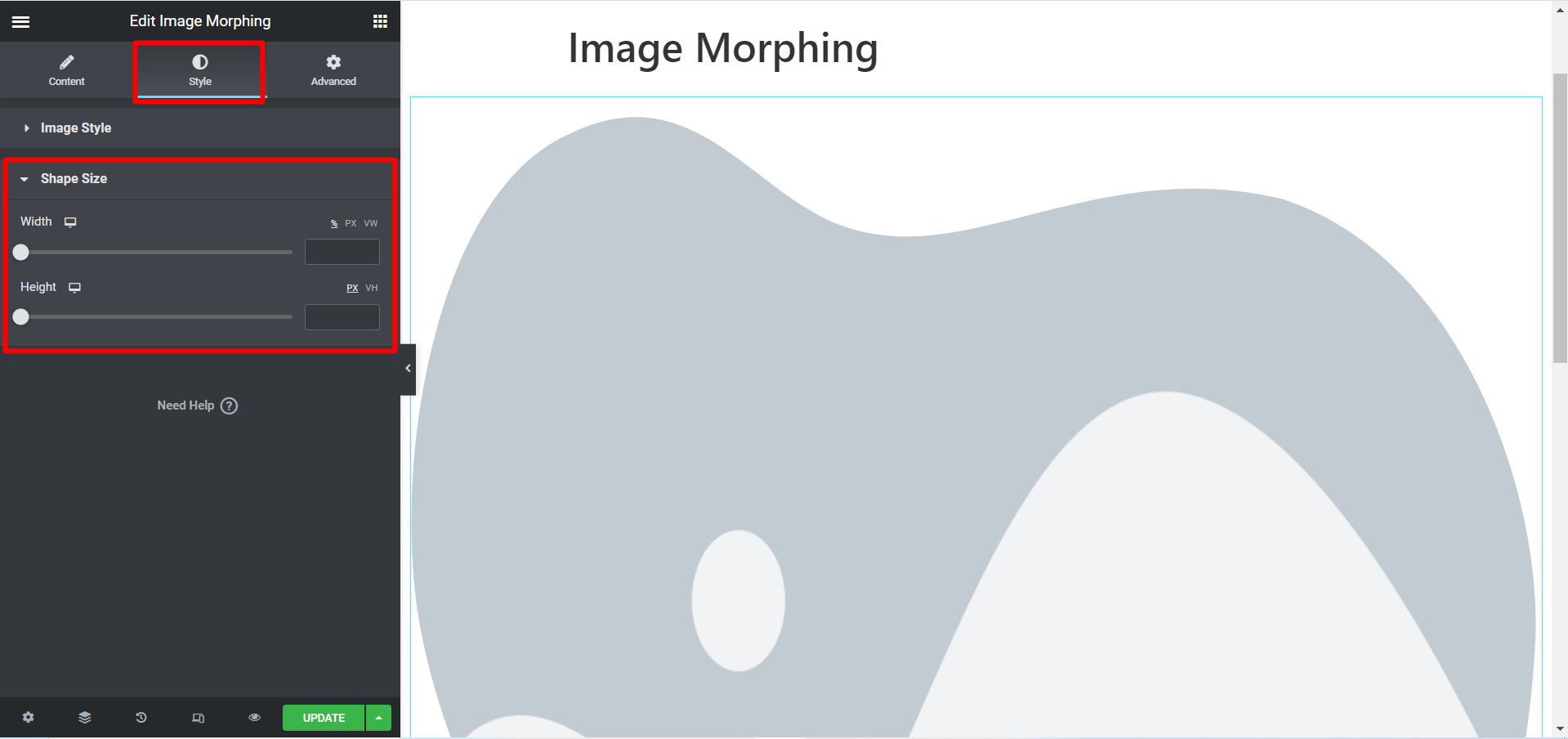Edit image morphing widget to change shape size