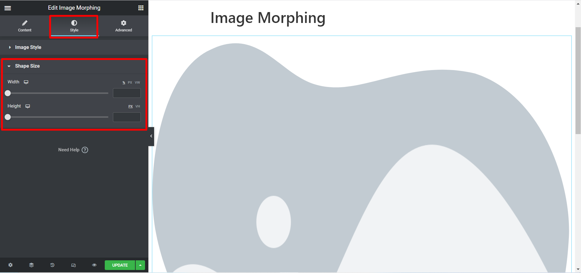 Modifier le widget de morphing d'image pour modifier la taille de la forme