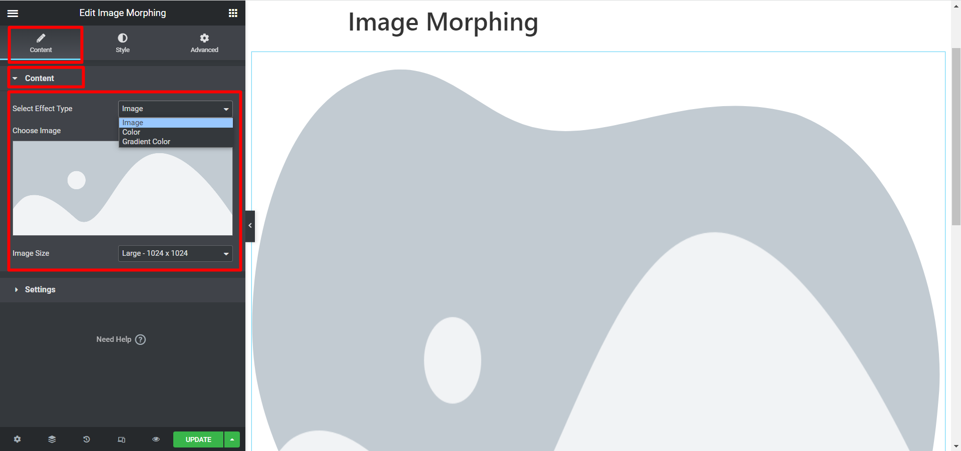 modification du contenu d'une partie du widget de morphing d'image ElementsKit