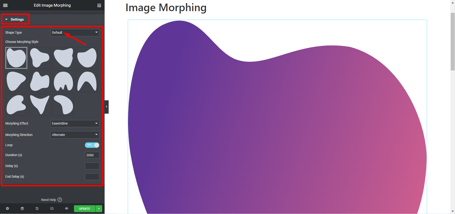 Forme par défaut du morphing d'image