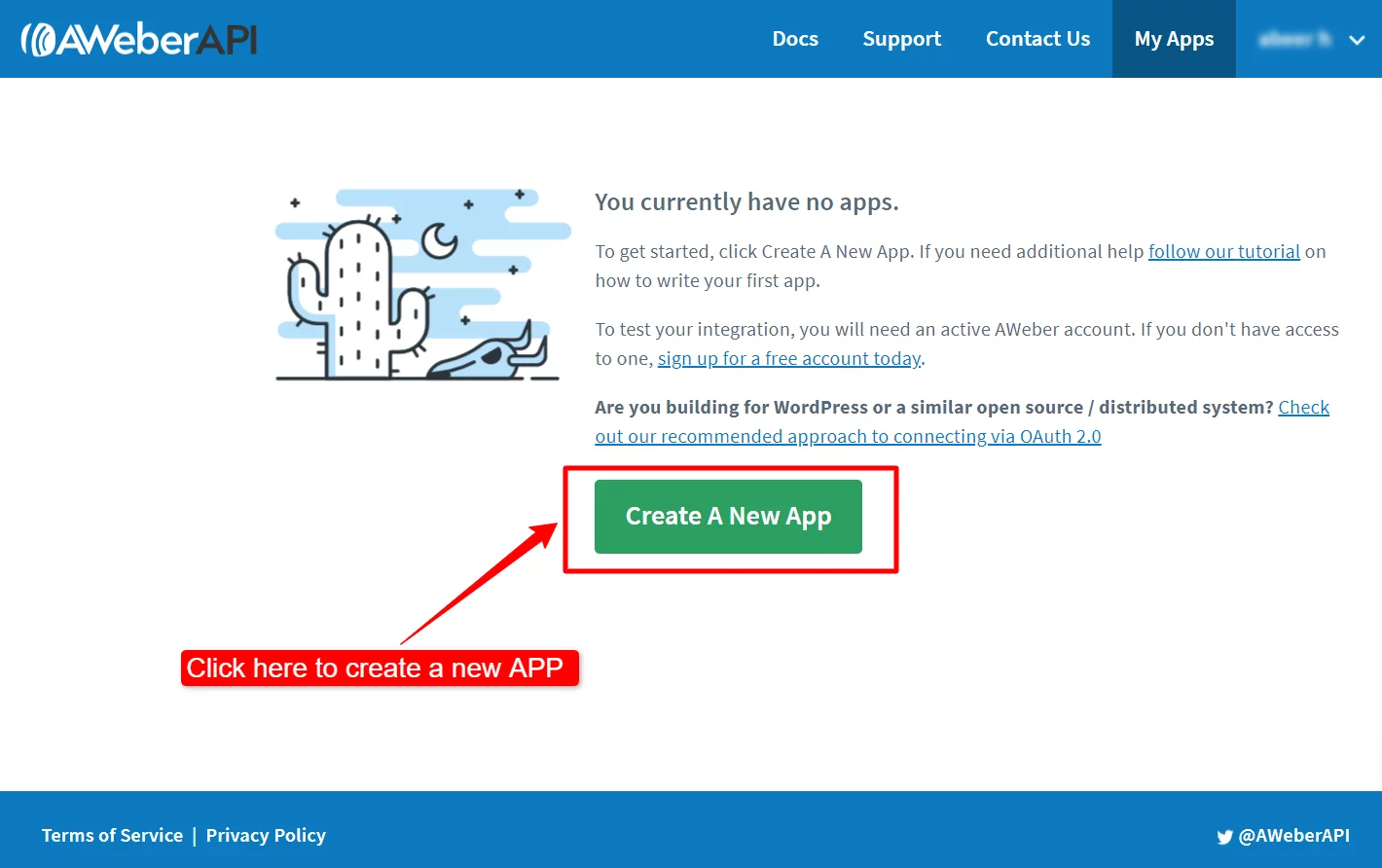 Create a new app in AWeber