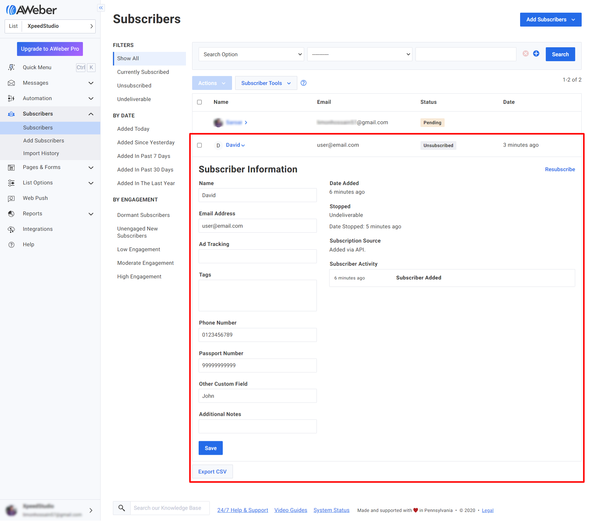 Submitted subscribers details with AWeber and MetForm integration