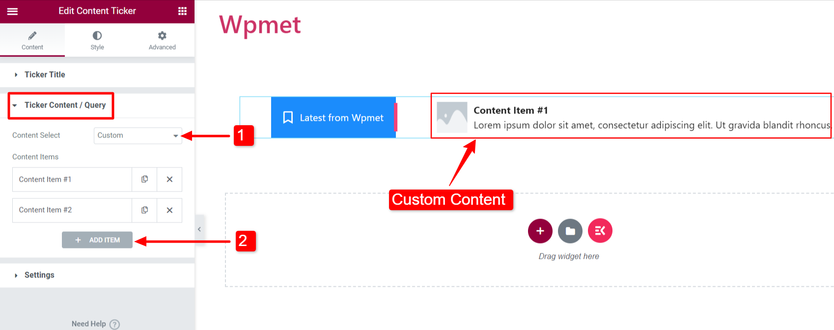 Configura il widget ElementsKit del contenuto ticker personalizzato