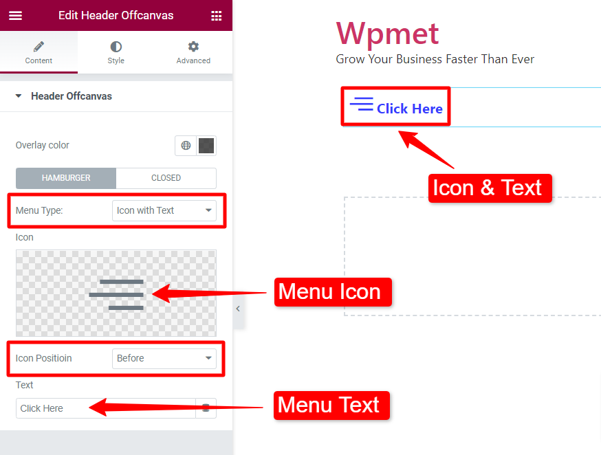choose icon with text for WordPress off canvas menu button