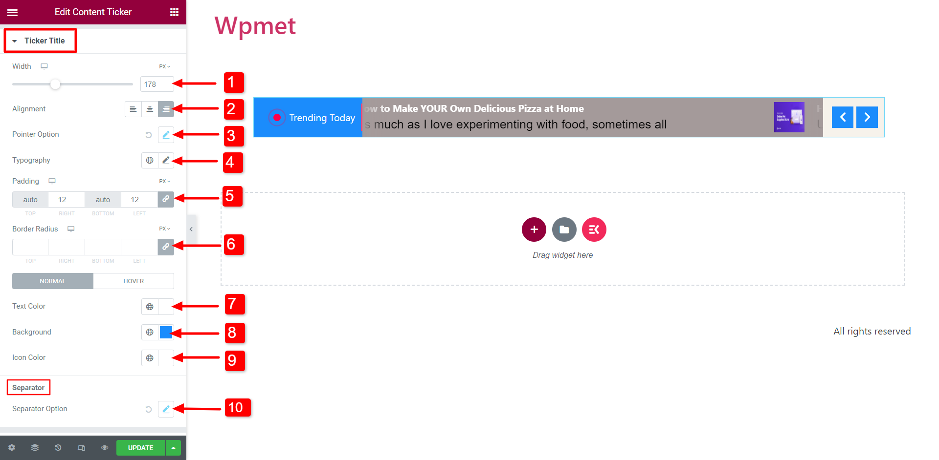 tilpas ticker-titelstile for ElementsKit Content Ticker-widgetten