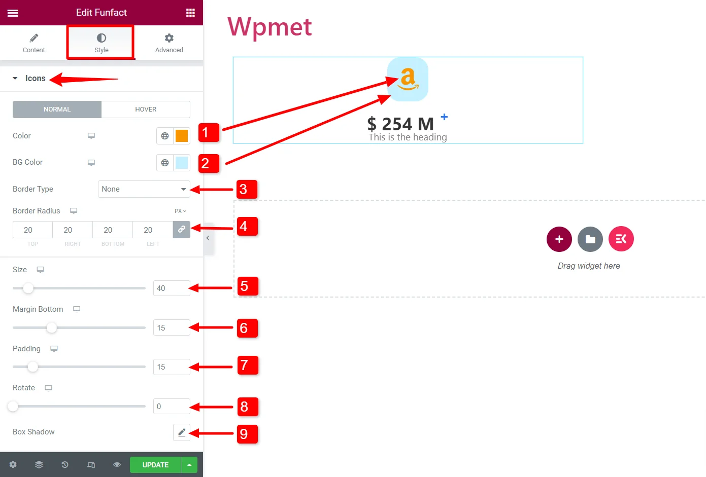 change icon styles of Elementor Funfact widget