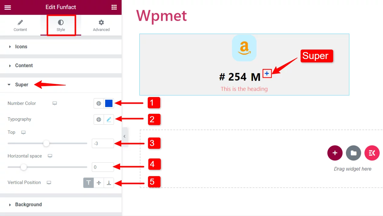 Enable and customize the super character of Elementor Funfact widget