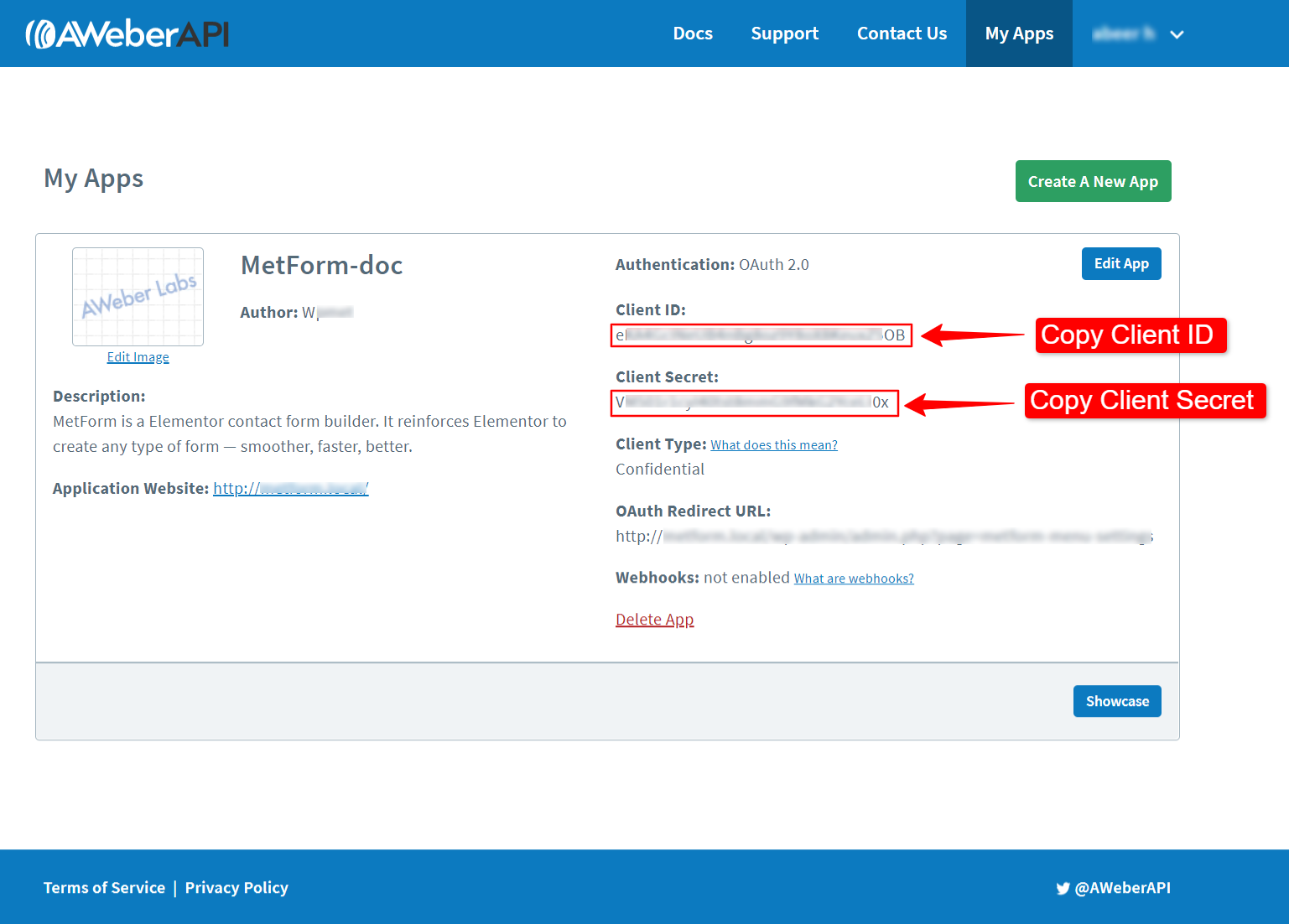 AWeber API app authentication credentials