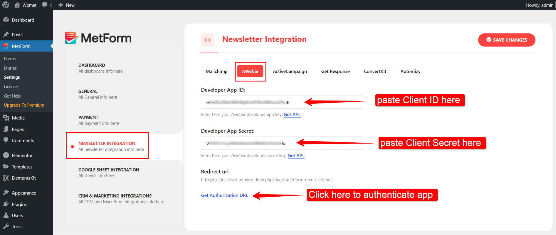 Authenticate AWeber application for MetForm integration