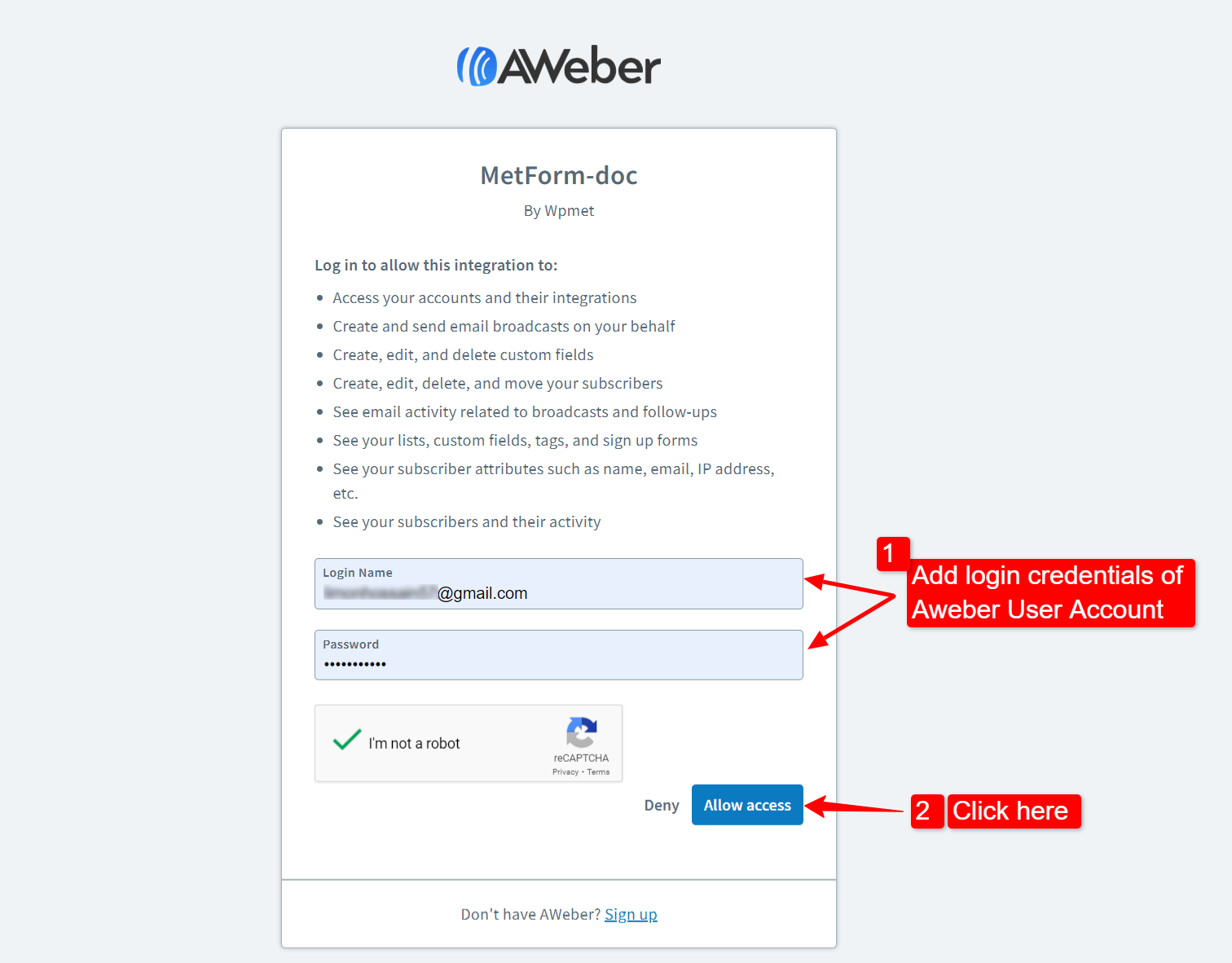 Login to AWeber user account to allow MetForm integration