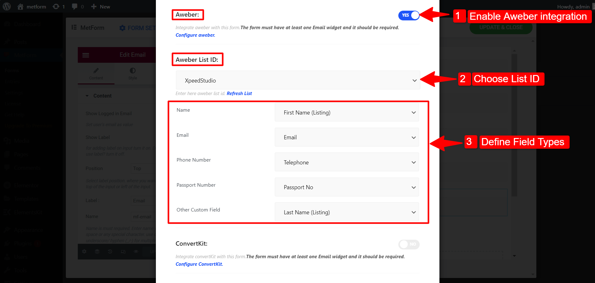 define Aweber custom form fields for the Elementor forms using MetFoerm