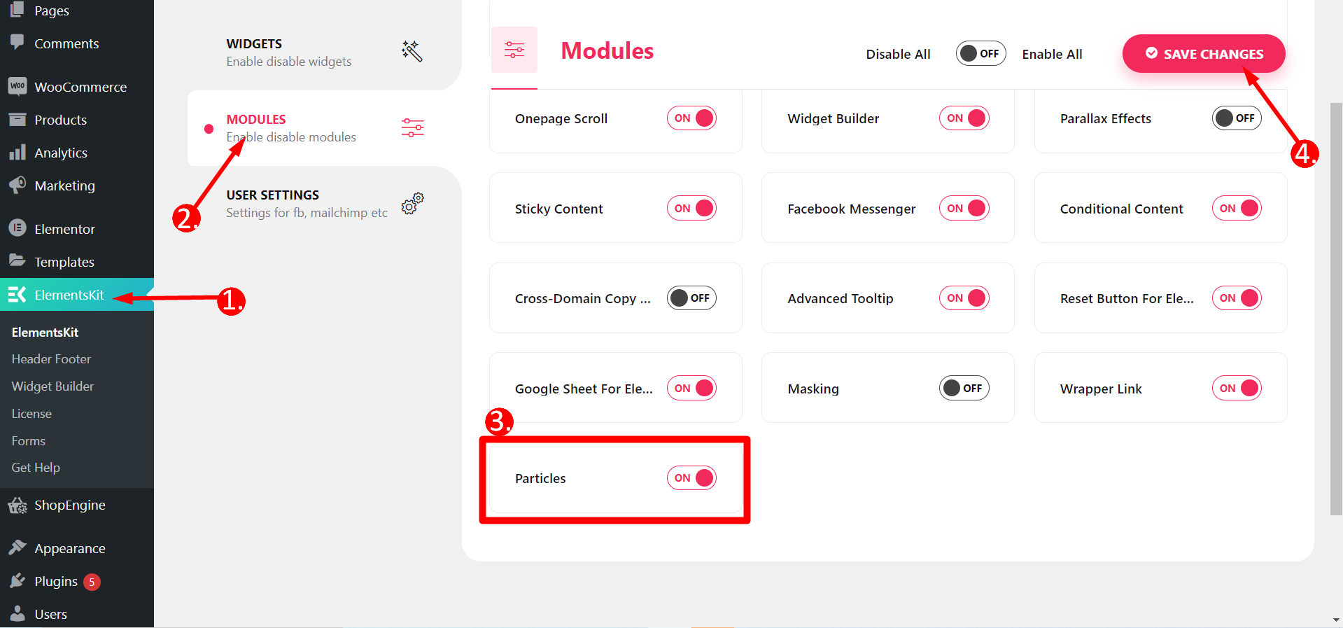 ElementsKit prticles modul