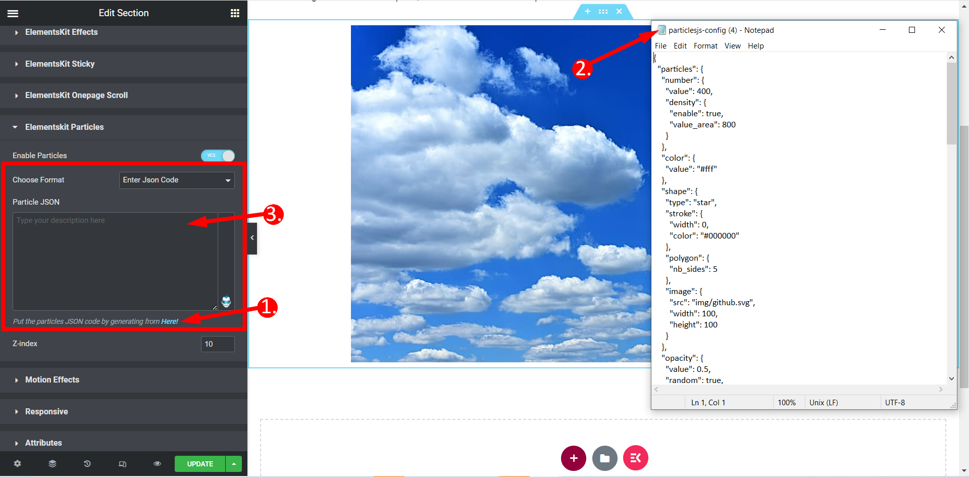 Personnalisez le fichier de particules et copiez le code à appliquer dans n'importe quelle section