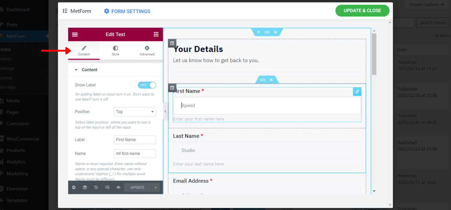 Customize MetForm Contact Form content