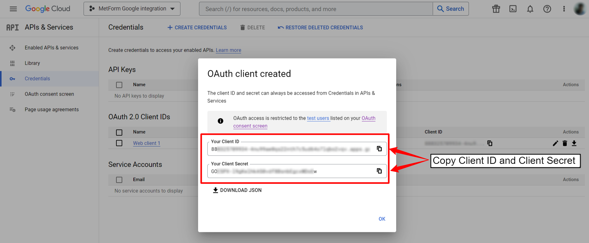 Copy OAuth client ID and client secret