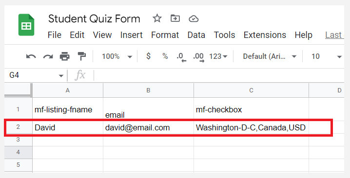 Exported quiz form data in Google sheet