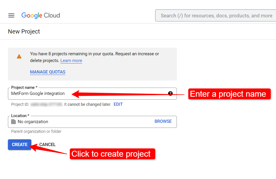 Create project on Google cloud console