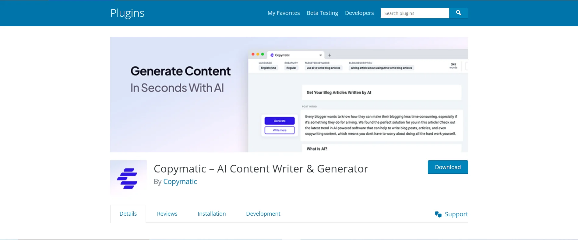 Complemento generador de contenido automático de WordPress, Copymatic AI