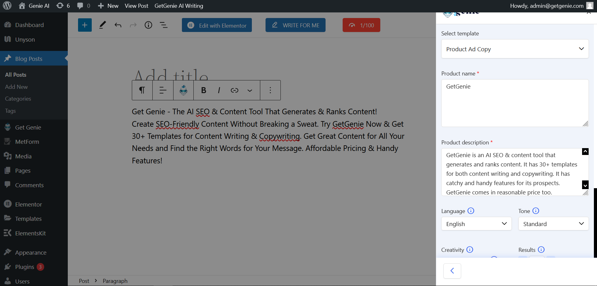 GetGenie content editor with interface