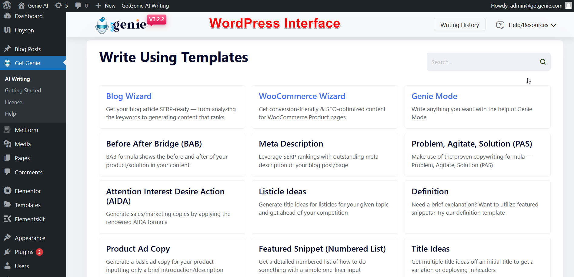 GetGenie WordPress interface