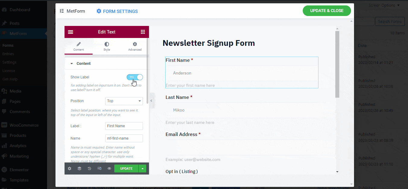 Customize Newsletter Signup Form content
