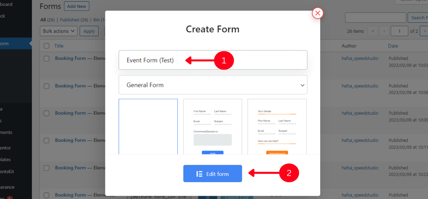 Create a new Event form and set the name 