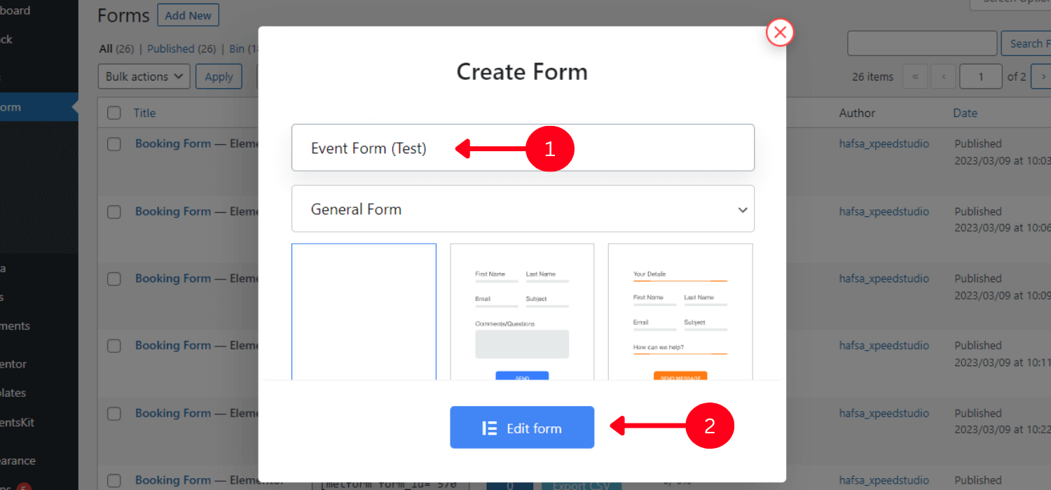 Erstellen Sie ein neues Event-Formular und legen Sie den Namen fest 